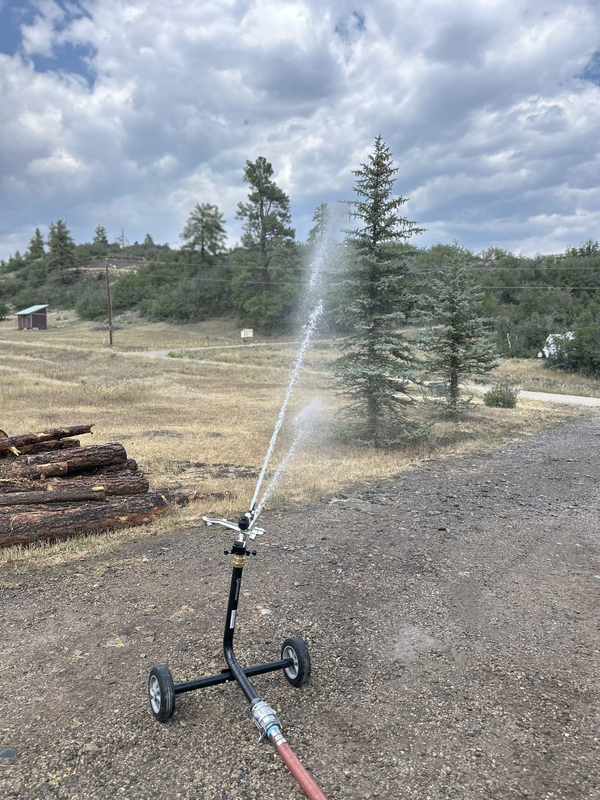 Wheeled impact sprinkler in action — wide water arc over open ground